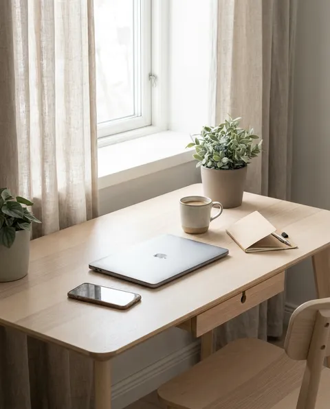 Ett lugnt skrivbord med stängd laptop och en kopp kaffe i morgonljus
